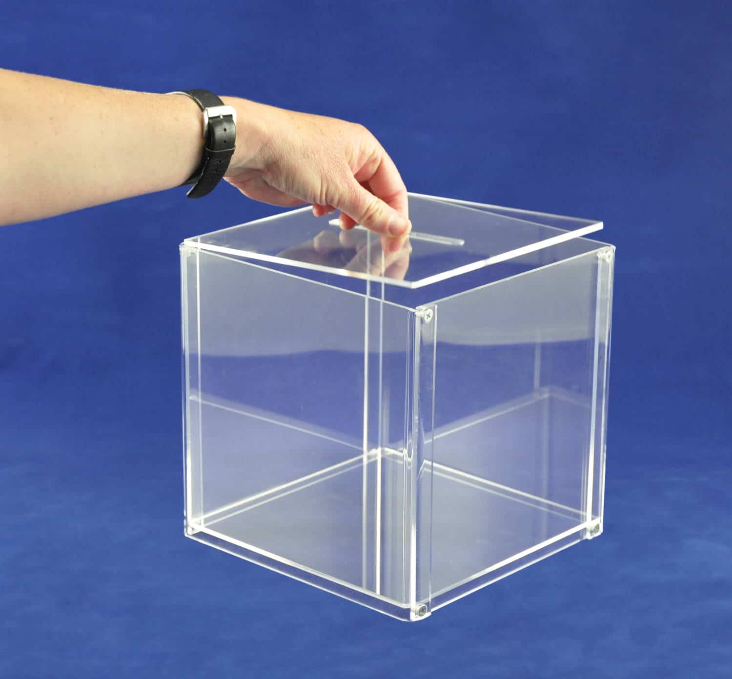 Spendenbox/Sammelbox mit Doppelwand für Einschübe; 200x200x200 mm Plexiglas Hansen Losbox individuell/Einwurfbox Aktionsbox aus Acryl/Acrylglas 